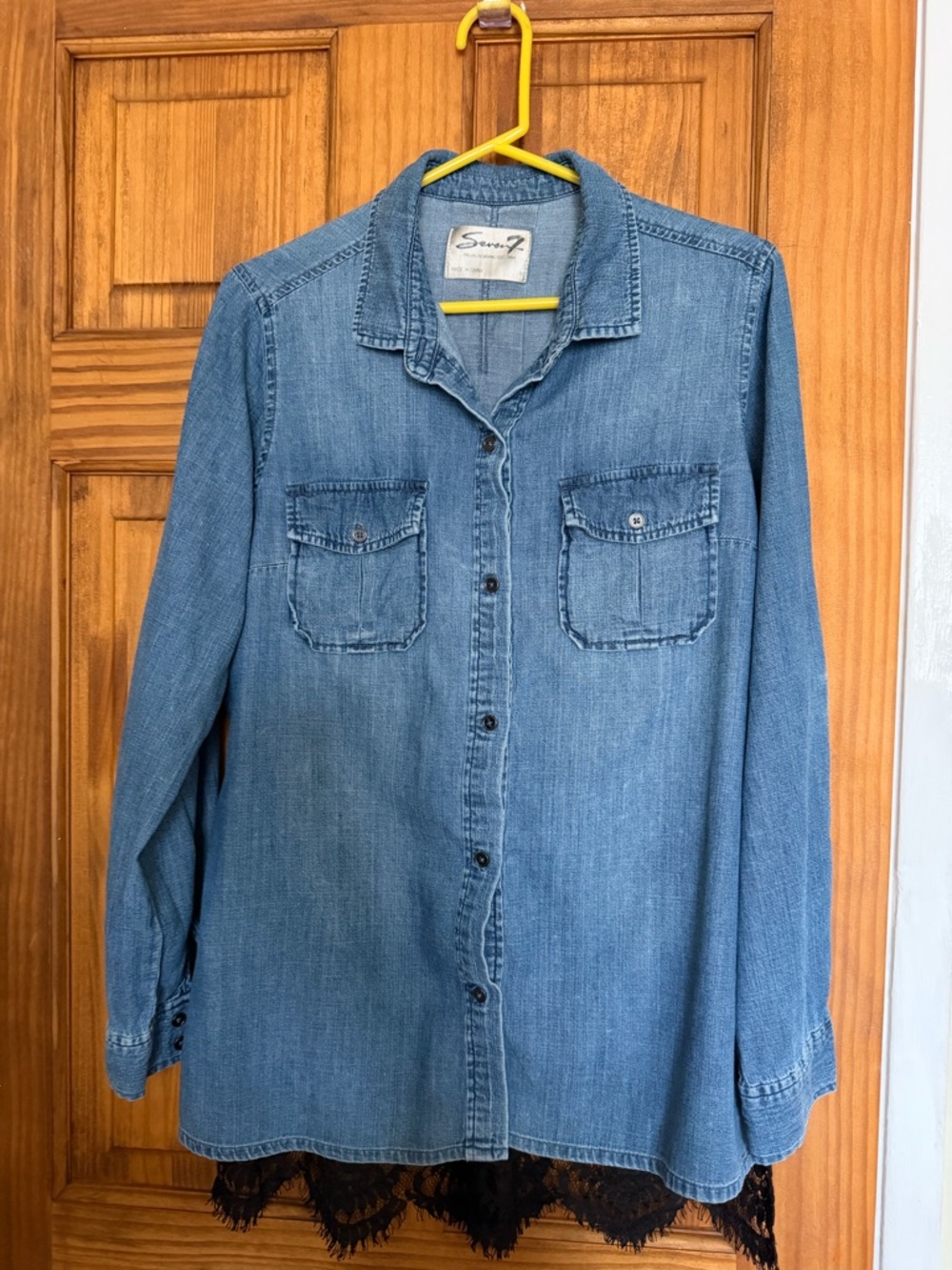 Seven7 chambray Light Blue Button-Down Shirt with Black Lace Trim - Picture 2 of 9